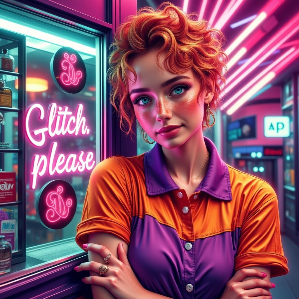 Cute Woman at Mall Kiosk in Neon Comic Style