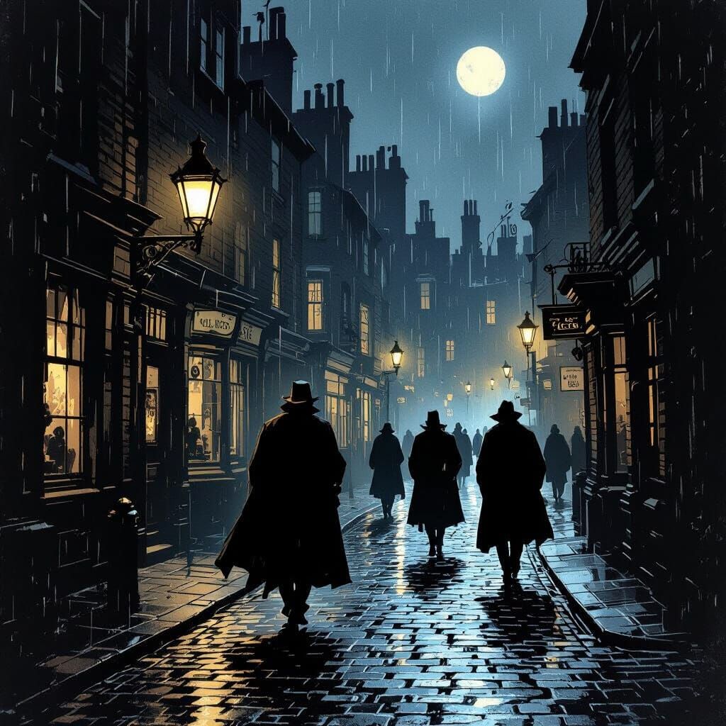 Victorian Midnight Street Scene with Cloaked Figures