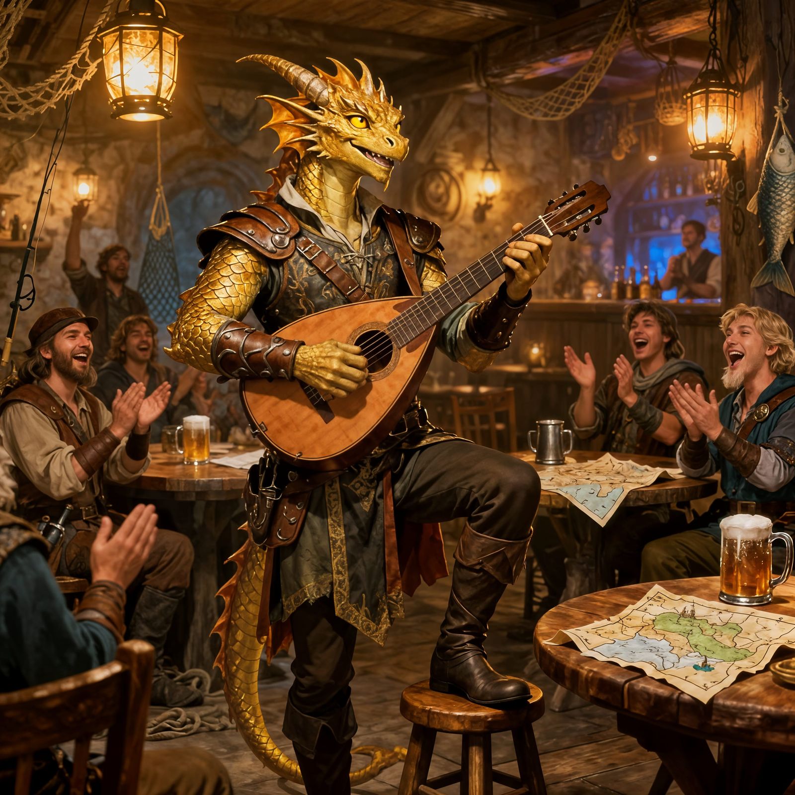 Dragonborn Bard Entertains Fishermen in Lively Bar