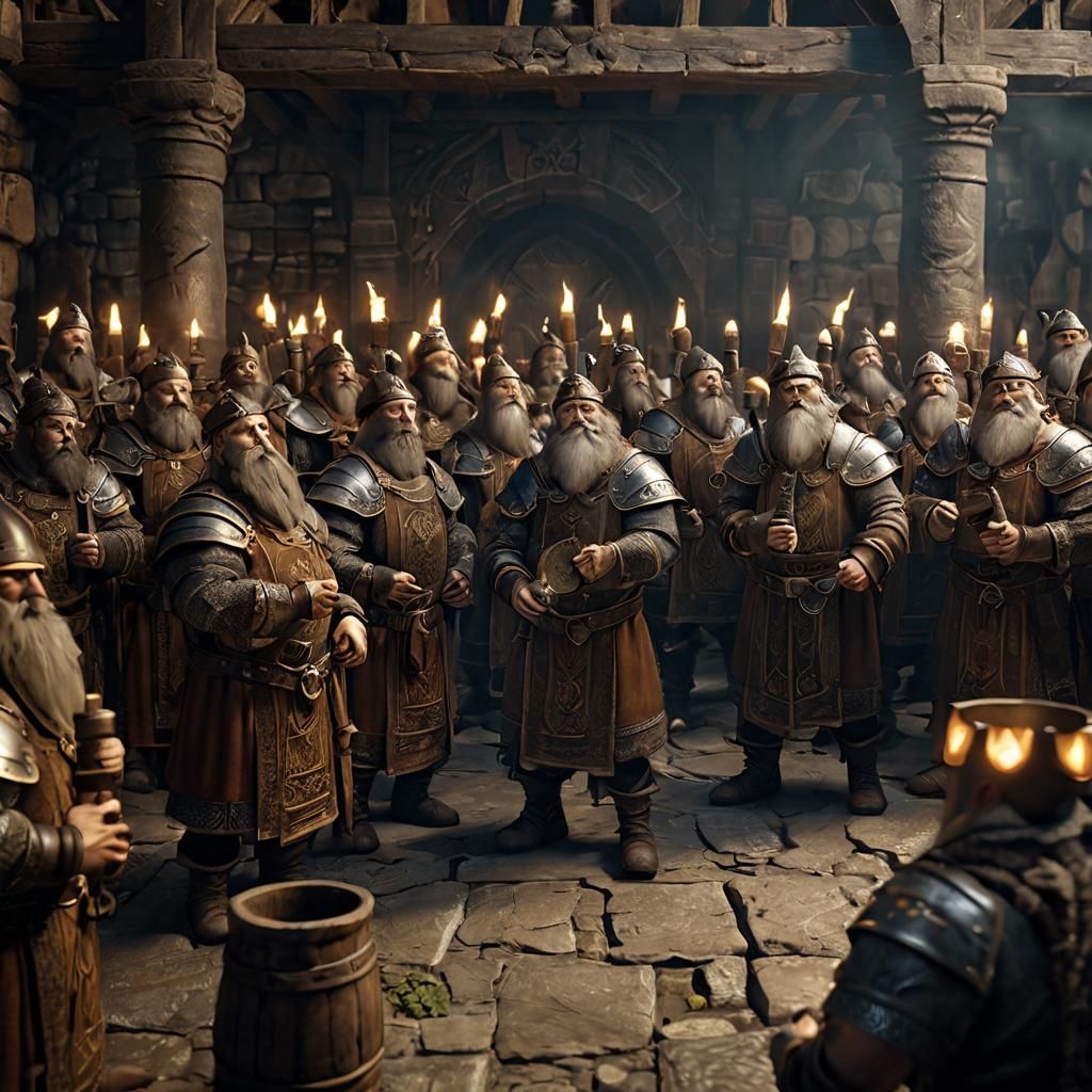 Hyperrealistic Dwarven Choir Singing in Volumetric Light