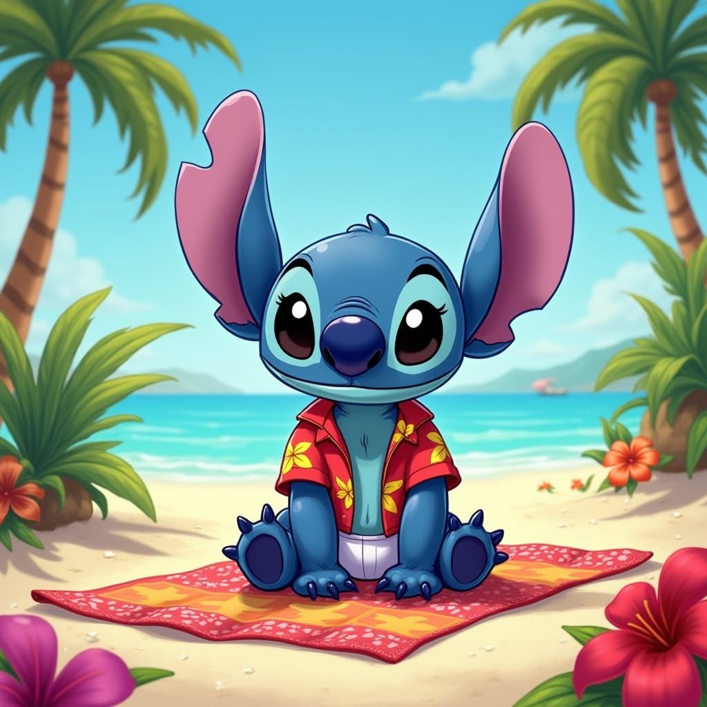 Whimsical Beach Scene with Stitch