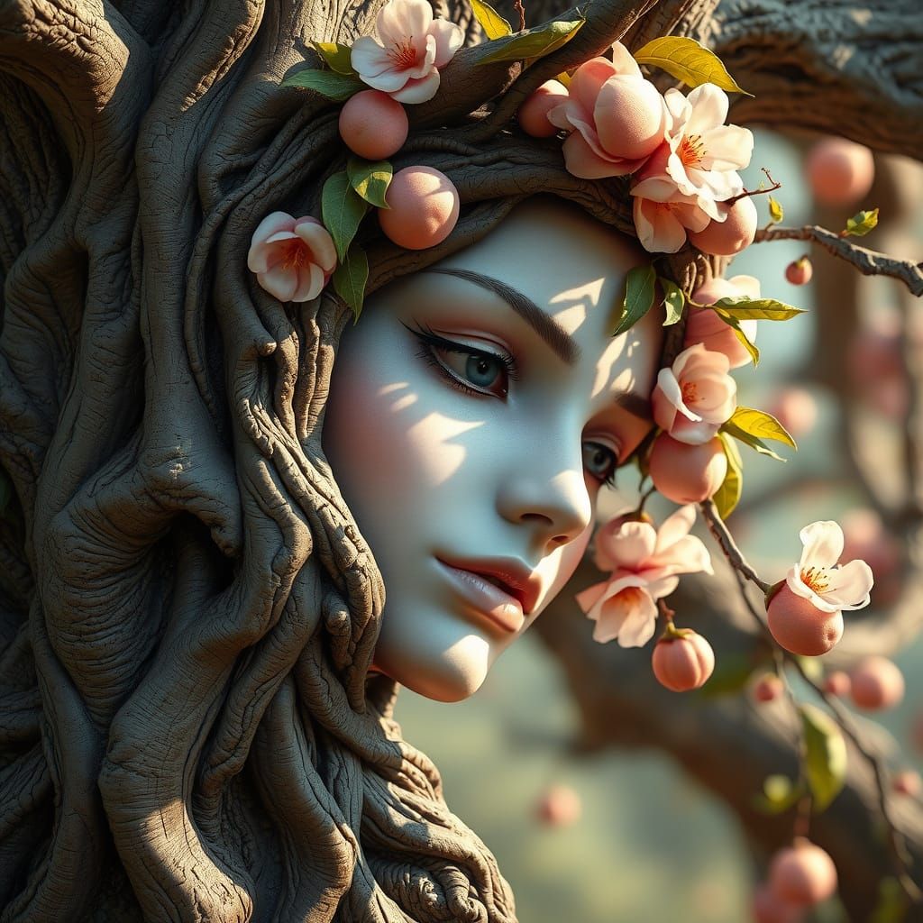 Fantasy Tree Spirit Face Emerging from Ancient Peach Trunk