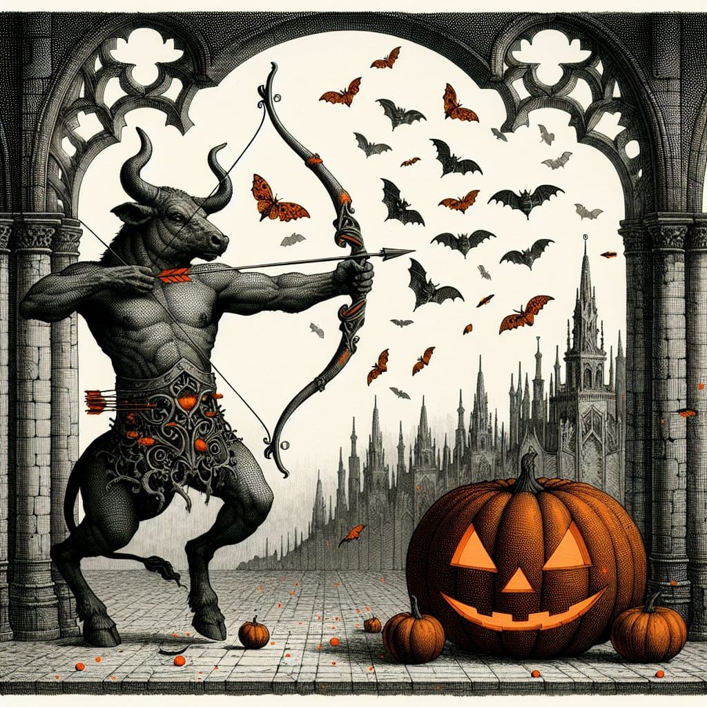 Minotaur Archer Shoots Halloween Pumpkin in Dystopian Landsc...