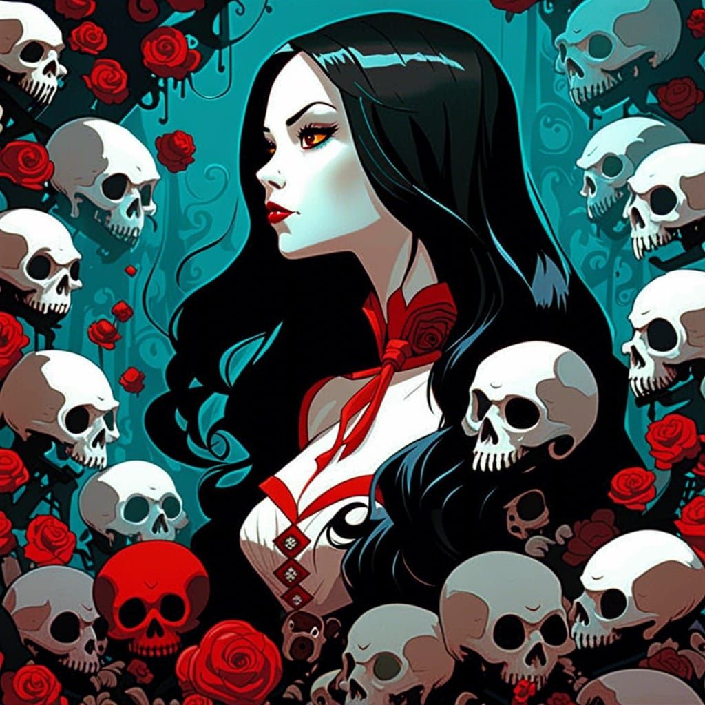 Vampiric Woman Surrounded by Skulls in Anime Style