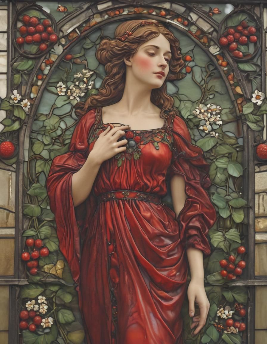 Art Nouveau Stained Glass Woman in Red Dress