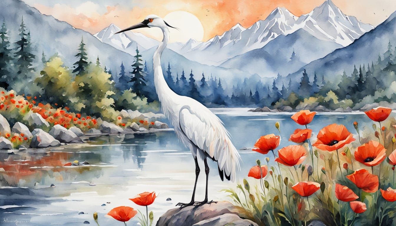 Watercolor Painting of White Crane by Misty Mountains
