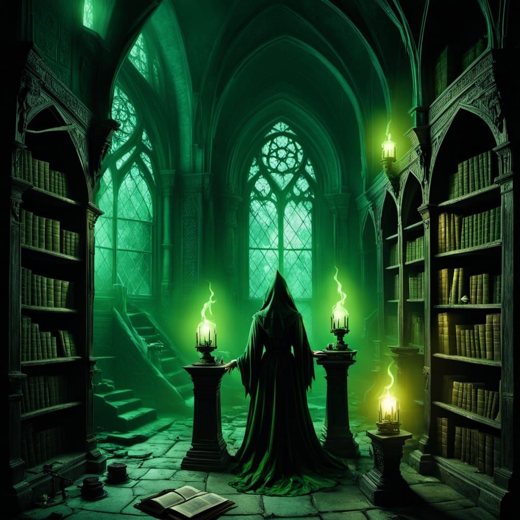 sinister old witch with piercing eyes and a tattered, wide-brimmed hat stands in a shadowy, mystical workshop. Shelves o...