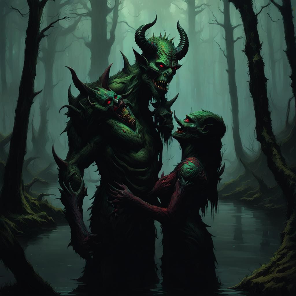 Demons in a Swampy Forest: Hyperrealistic Splash Art