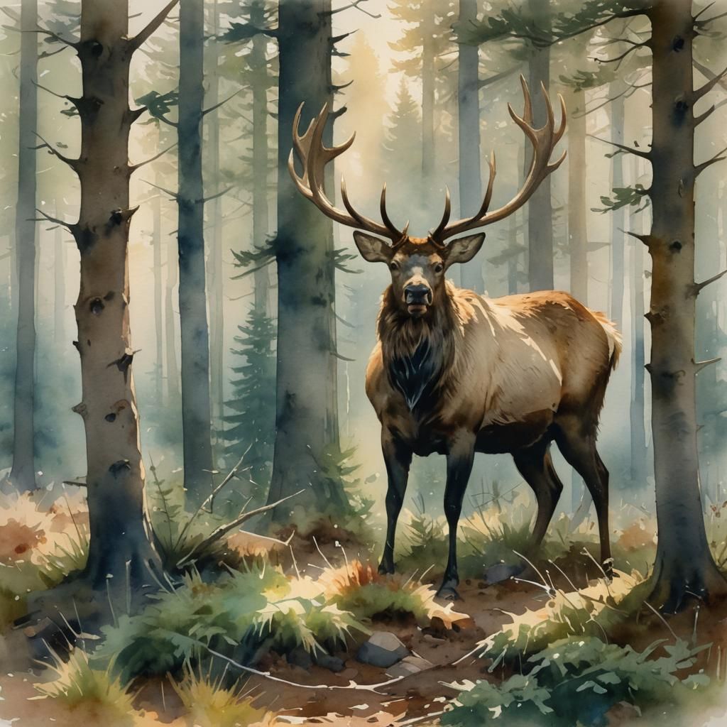 Majestic Elk in Misty Forest Watercolor Painting