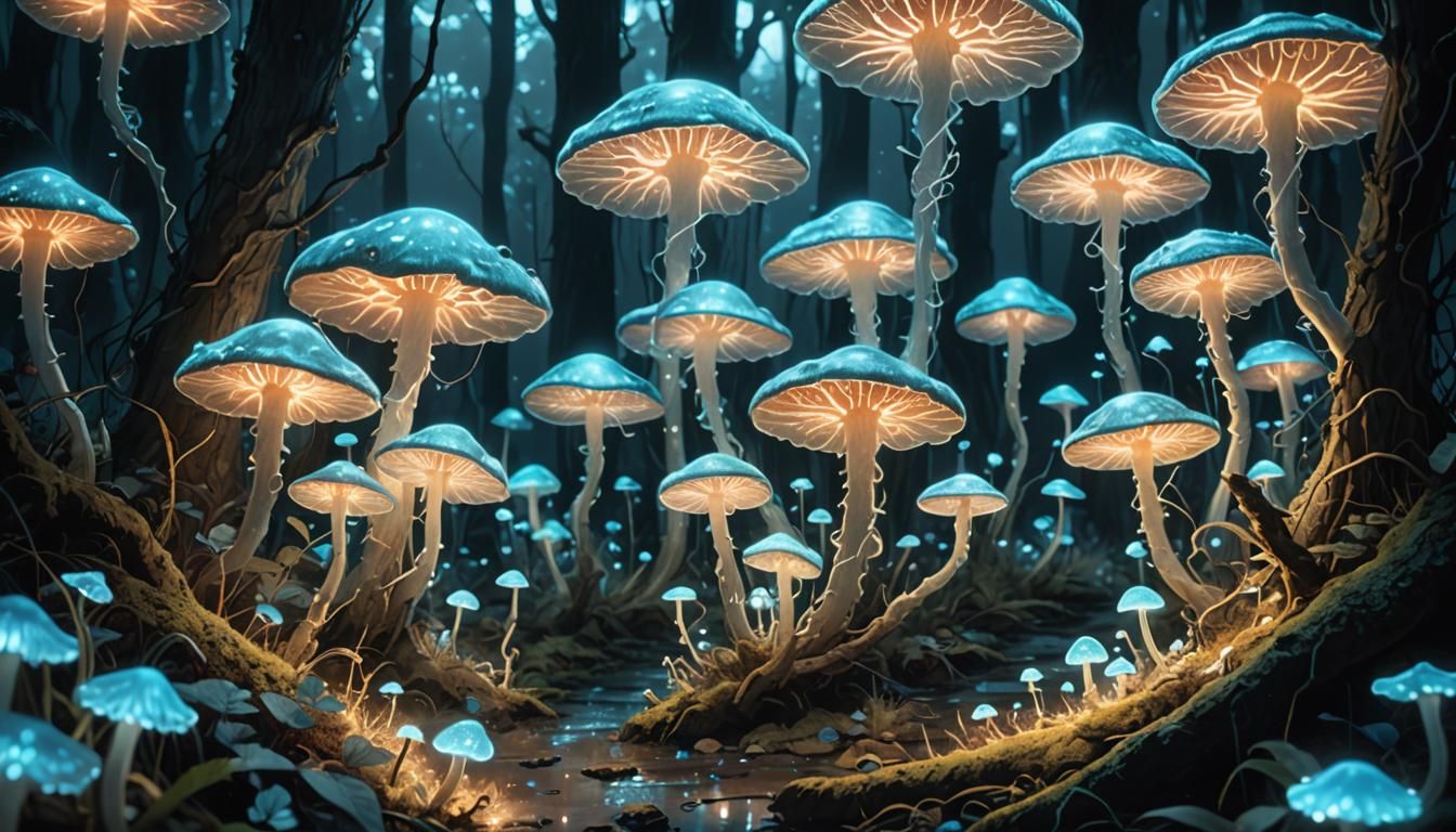 Bioluminescent Mushrooms and Mycelium Network in Ethereal Fo...