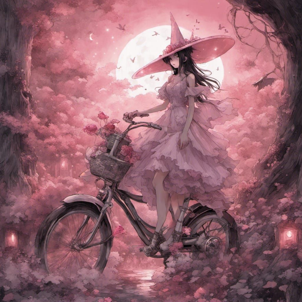 Spectral Witch on Flaming Bicycle in Gritty Fantasy