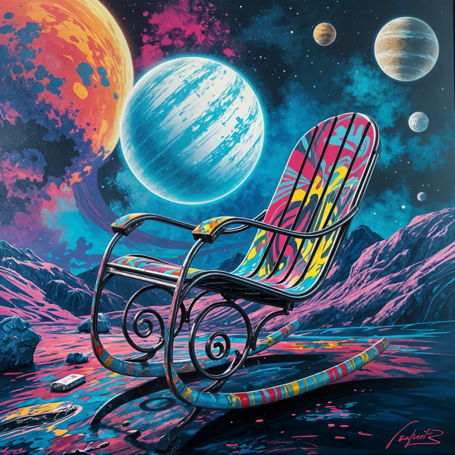 Futuristic Space Rocking Chair in Graffiti Art Style