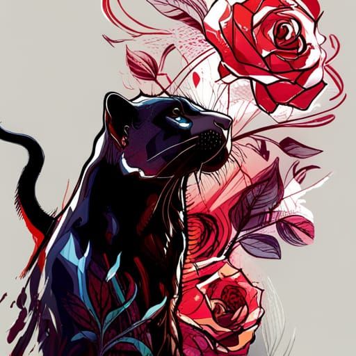 Panther and Roses in Comic Style