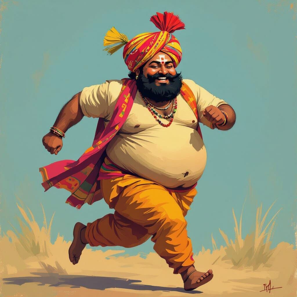 Joyful Indian Man Running in Jamini Roy Style