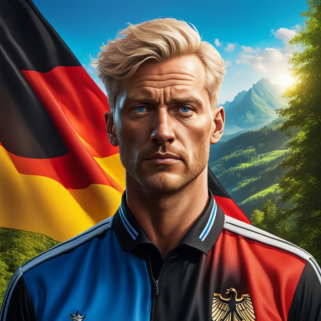 Blonde German Man with Flag in Nature