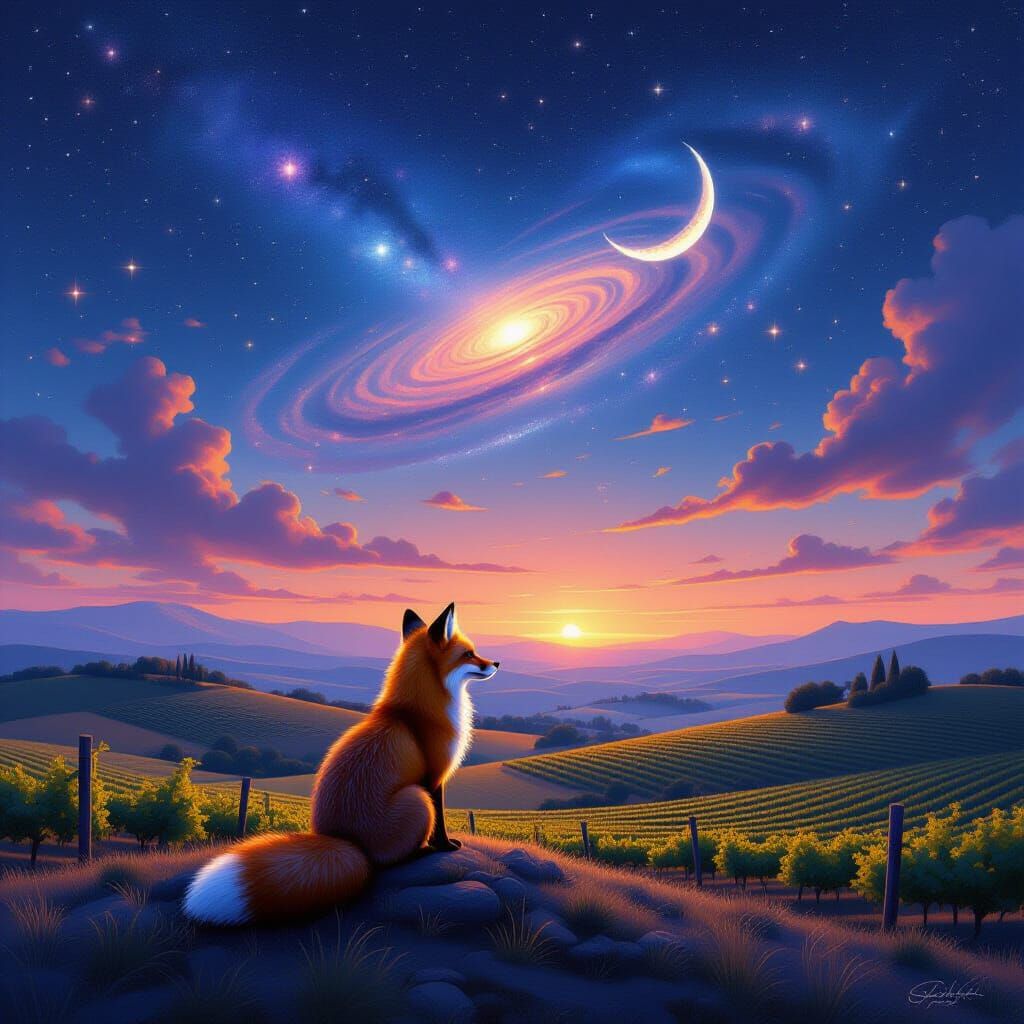 Cosmic Fox in Vineyard at Twilight