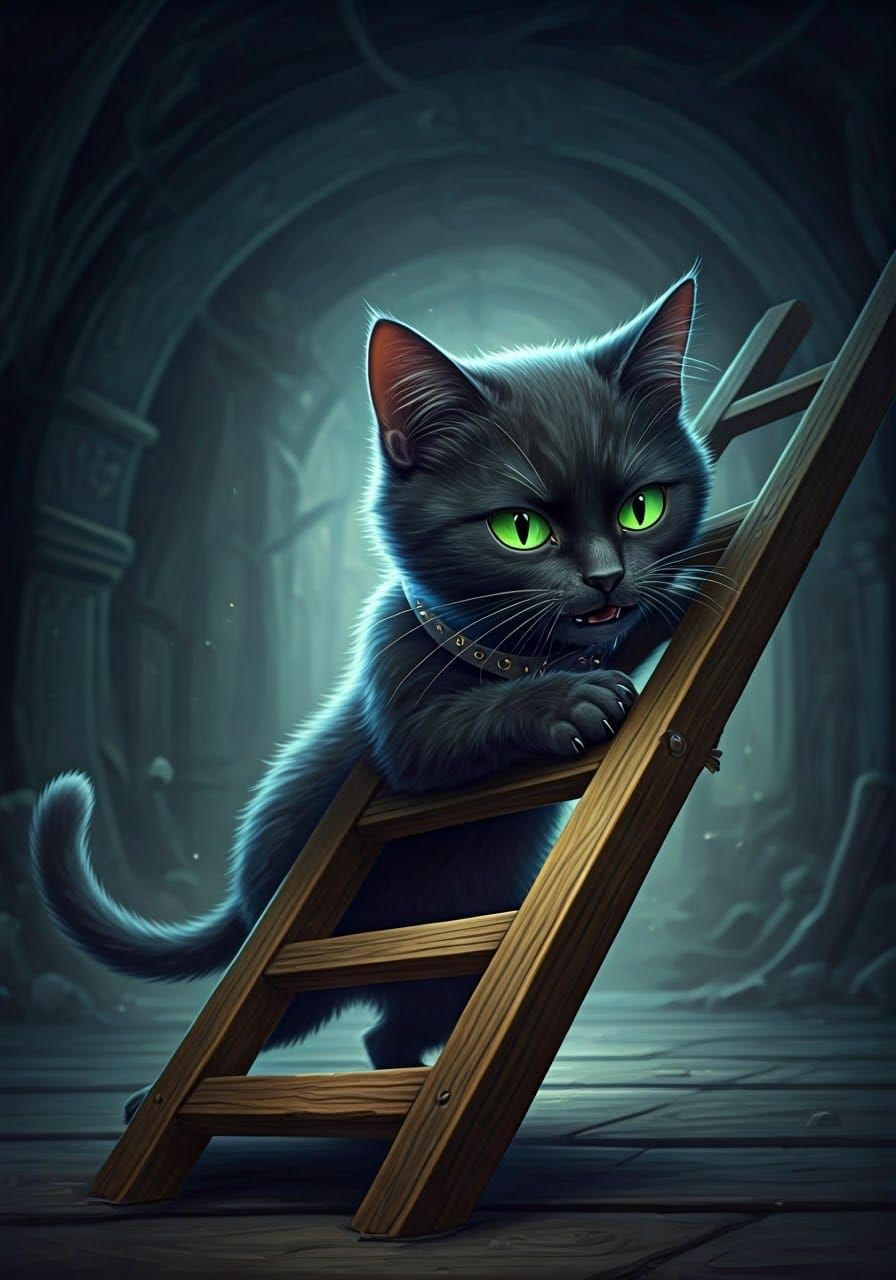 Mischievous Black Cat Pushes Ladder in Mystical Style