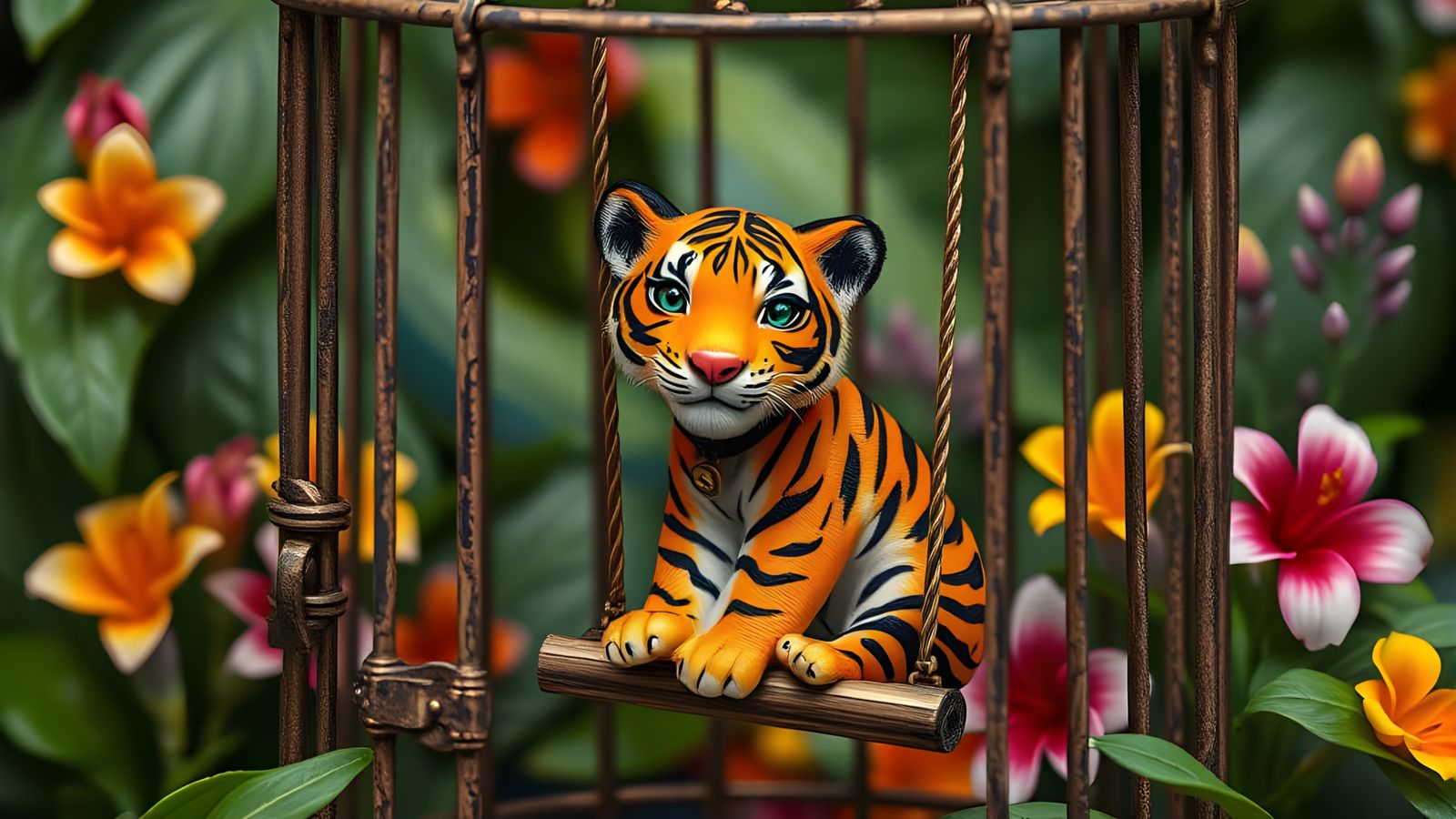 Exotic Miniature Tiger in a Delicate Bird Cage