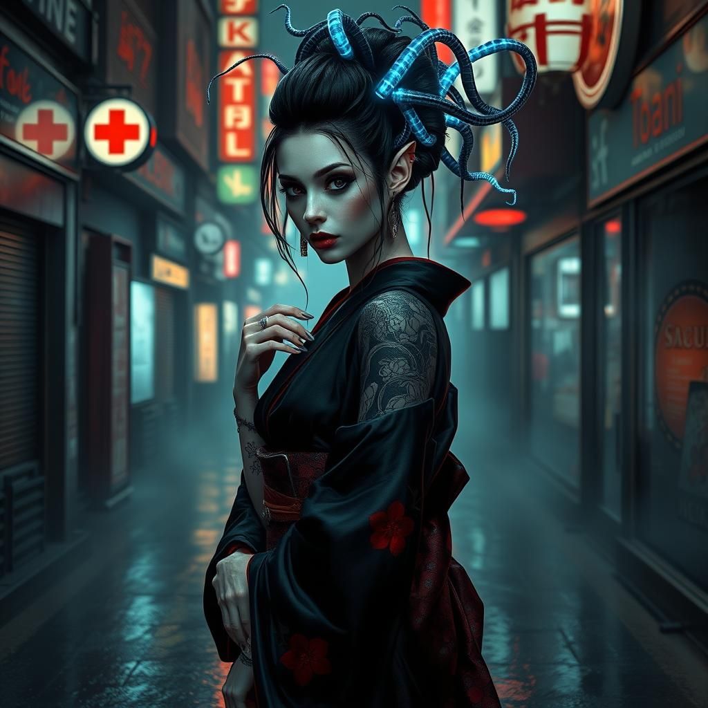 Cyberpunk Vampire Geisha with Electrified Eel Hair