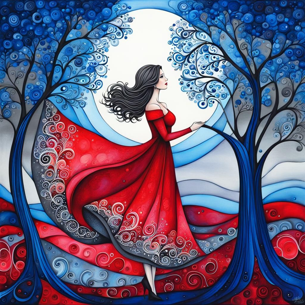 Woman in Red Dress in Impasto Forest