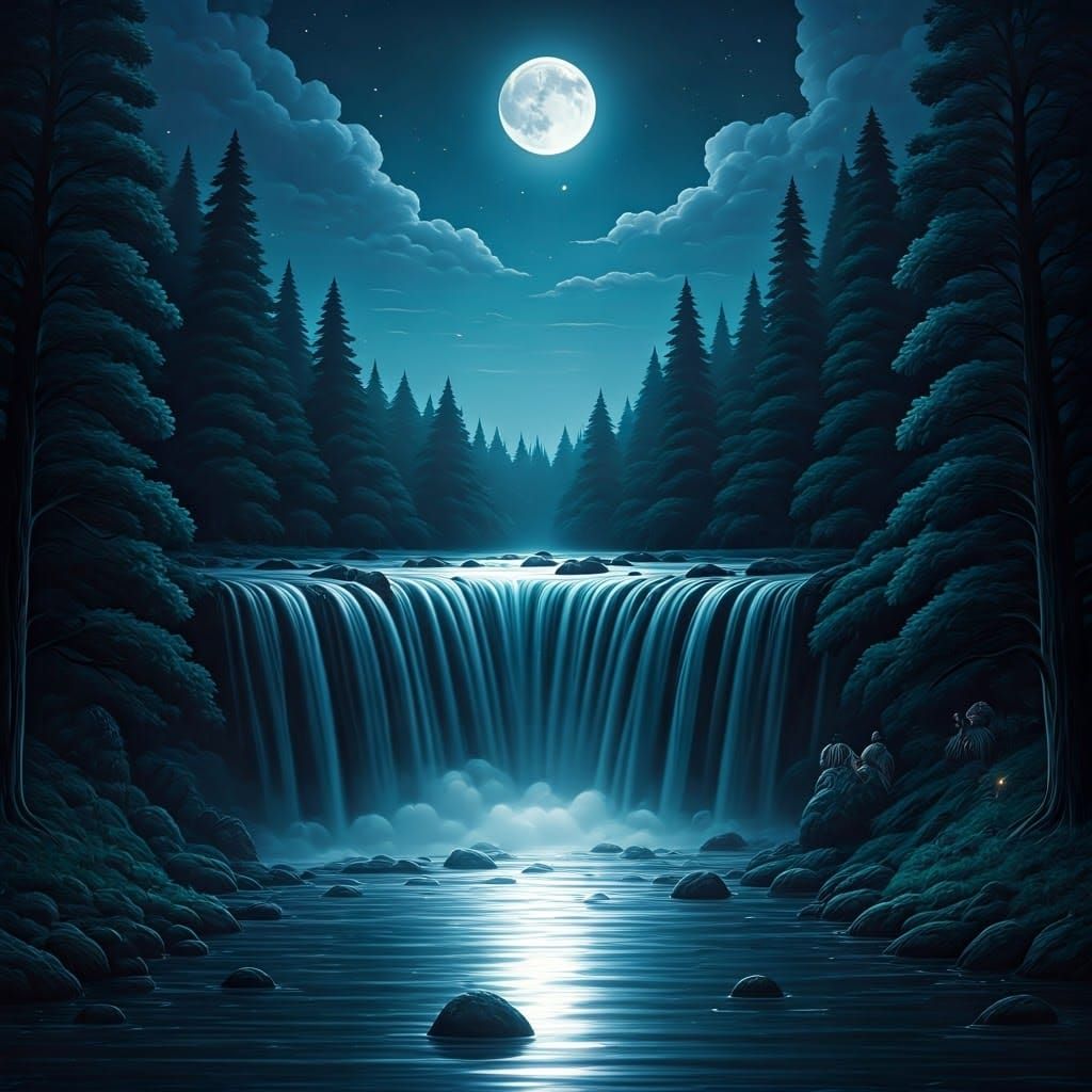 Moonlit Waterfall in Starry Night: Digital Matte Painting