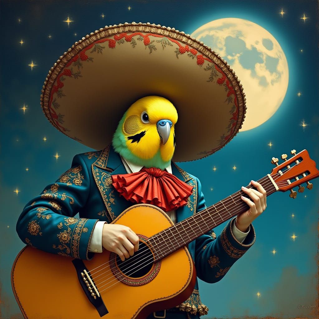 Budgerigar Mariachi Musician under Silver Bell, Mystical Rea...