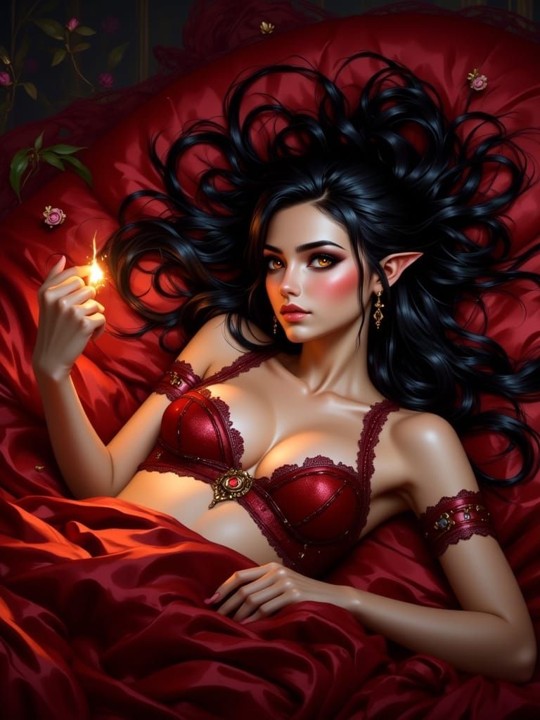 Dark-Haired Elf Woman with Glowing Eyes