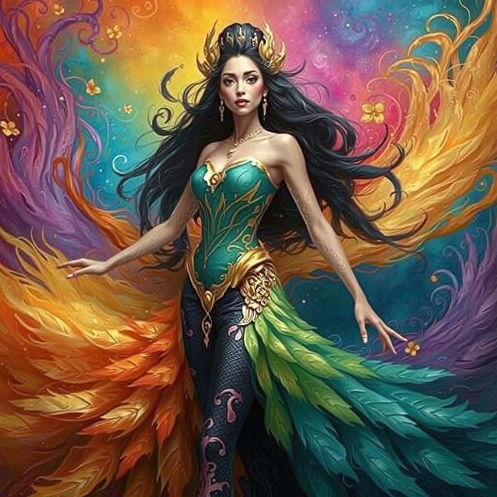 Dragon Peacock Woman in Abstract Fauvism Style