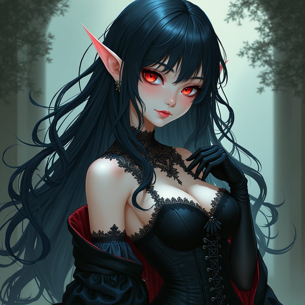 Victorian Vampire Elf Woman in Gothic Anime Style