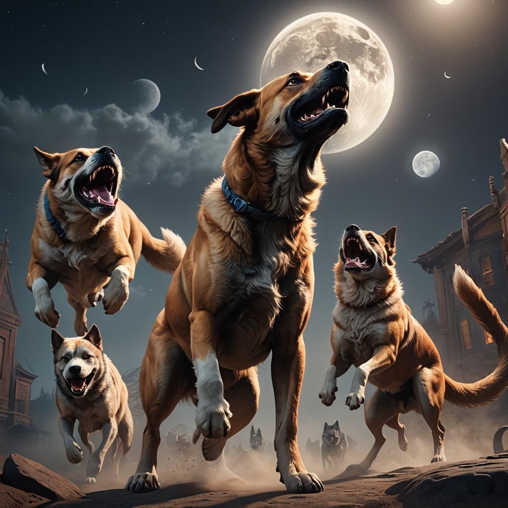 Muscular Dogs Reaching for the Moon, 3D Render