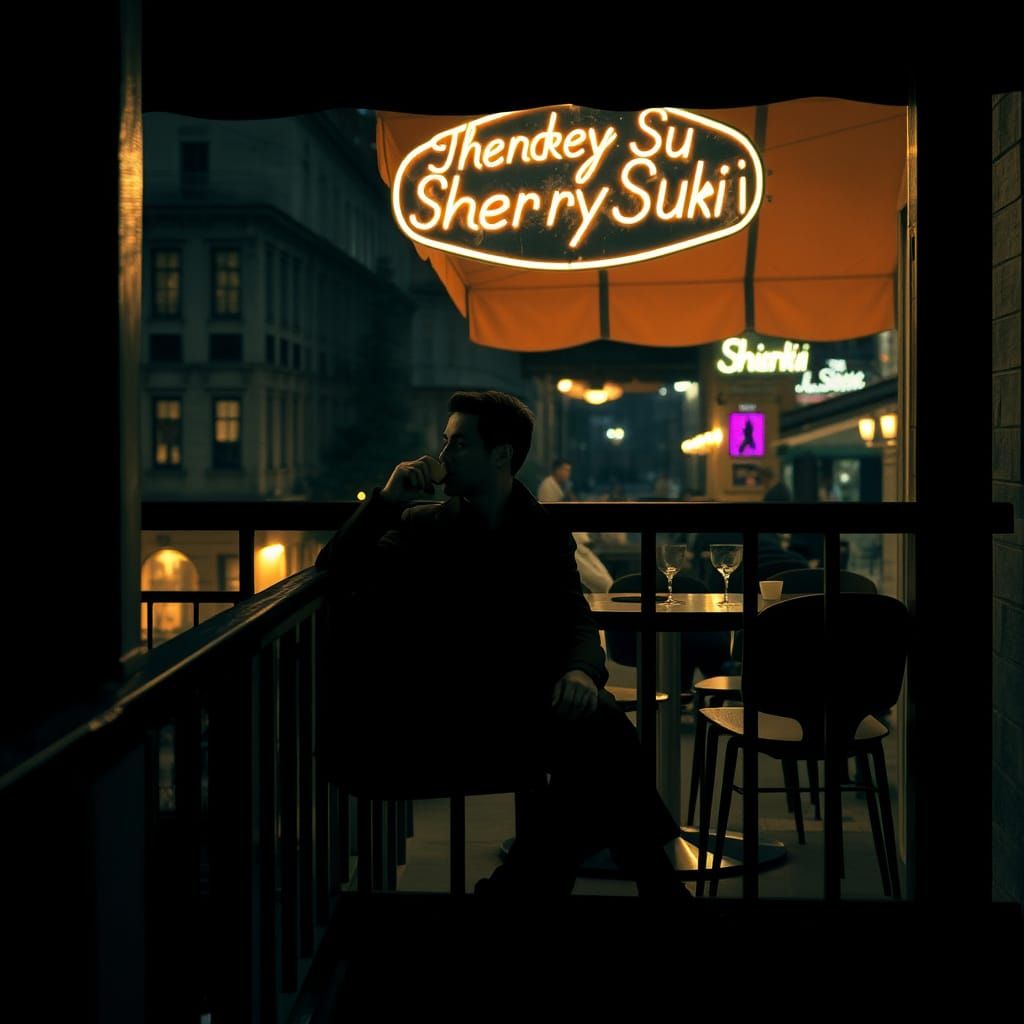 Mysterious Figure in Noir Style, Sitting Alone at Night