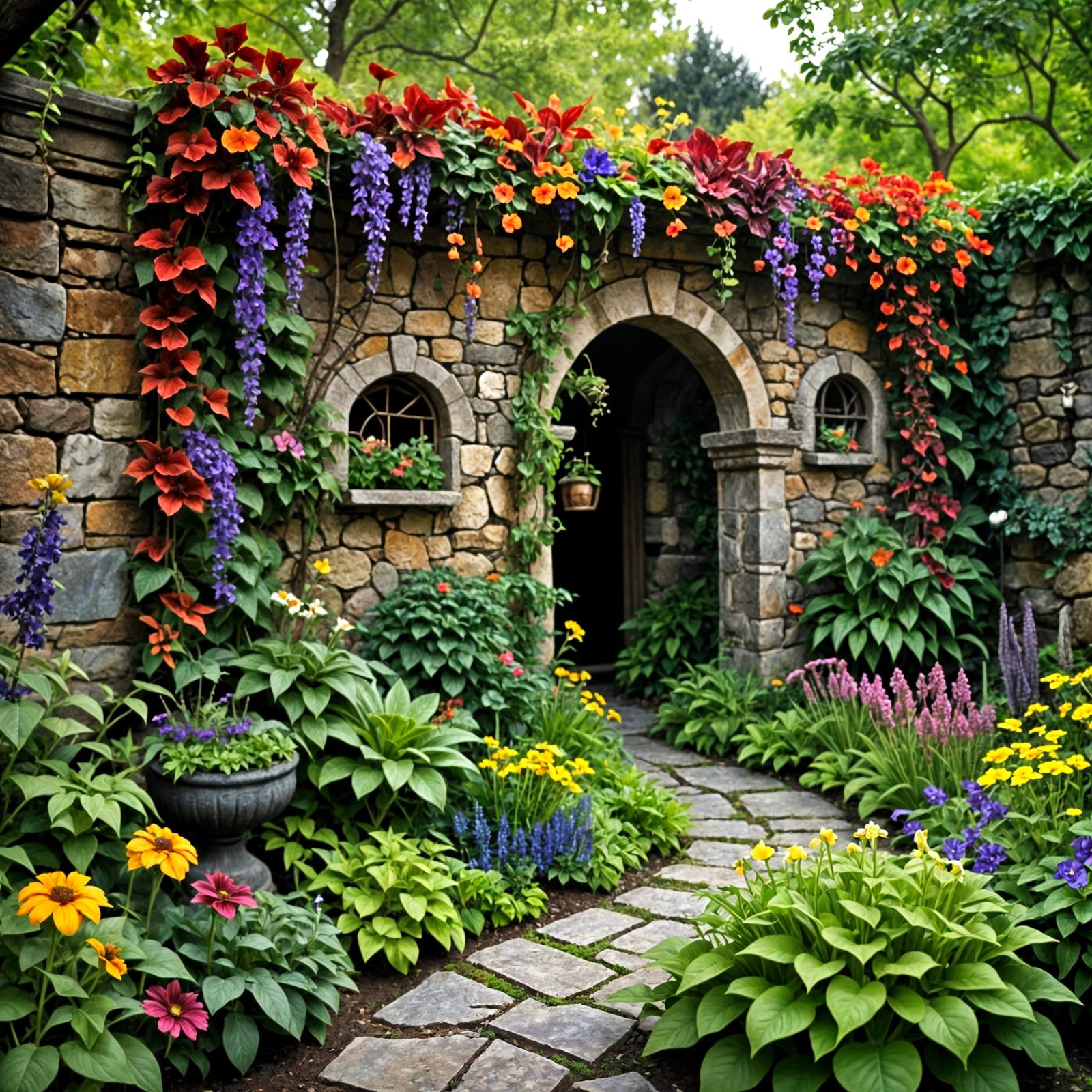 Witch's Poison Garden in a Vast Yard with Ancient Stone Wall