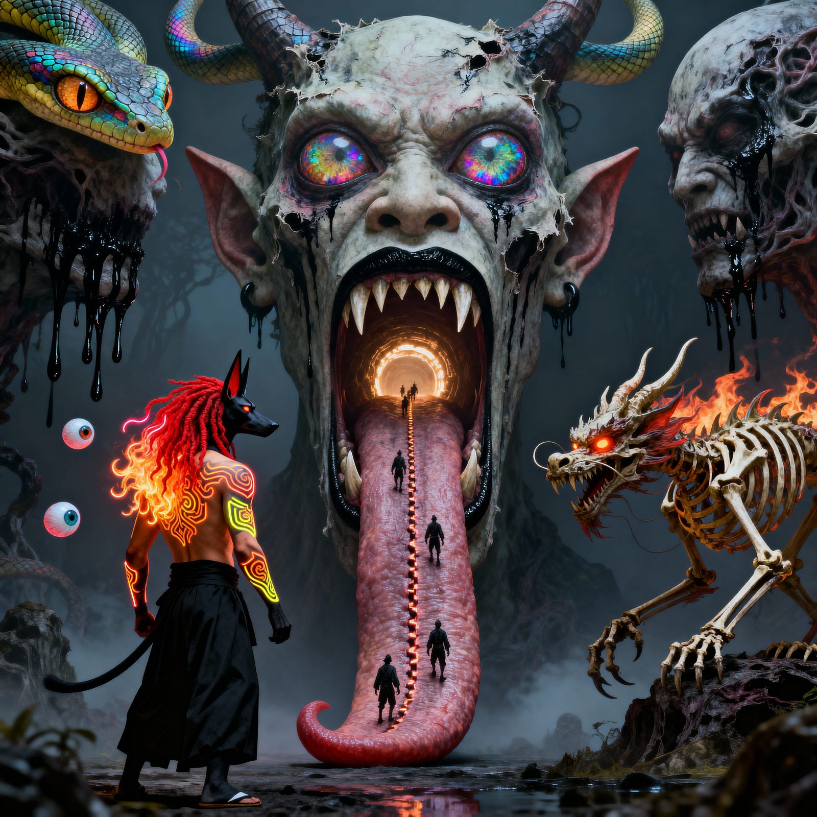 Horror Demon Head with Snake Eyes and Tribal Tattoos