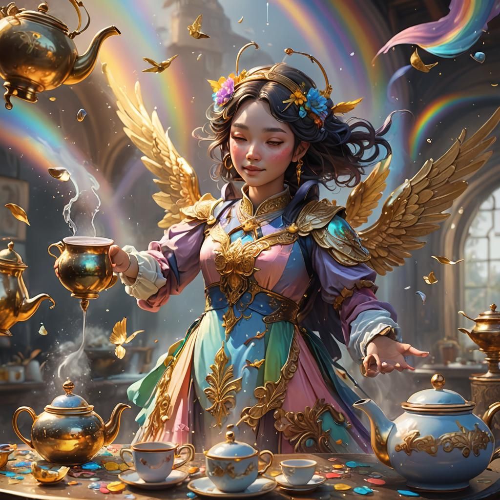 Pastel Girl with Golden Wings and Teapot
