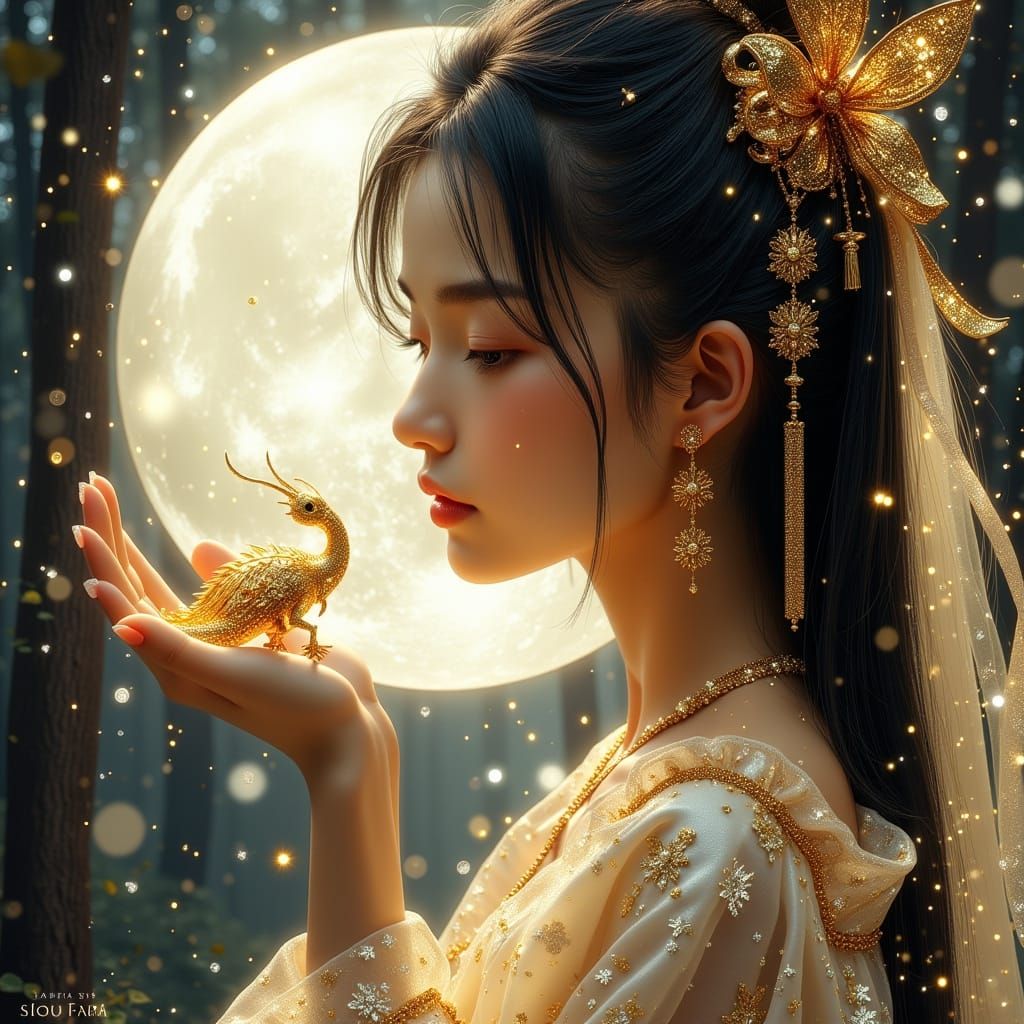 Japanese Princess Under Full Moon with Golden Dragon