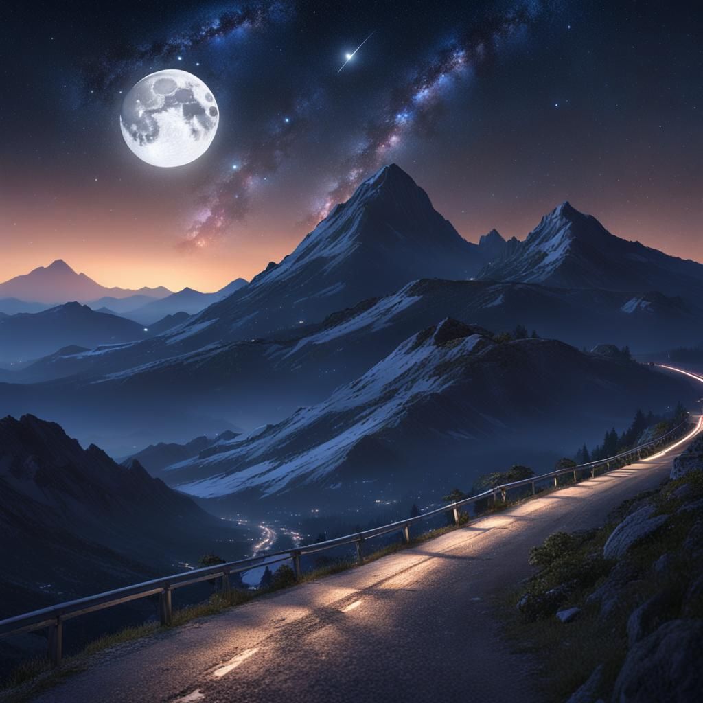 Mountain Road Under Milky Way in Anime Style