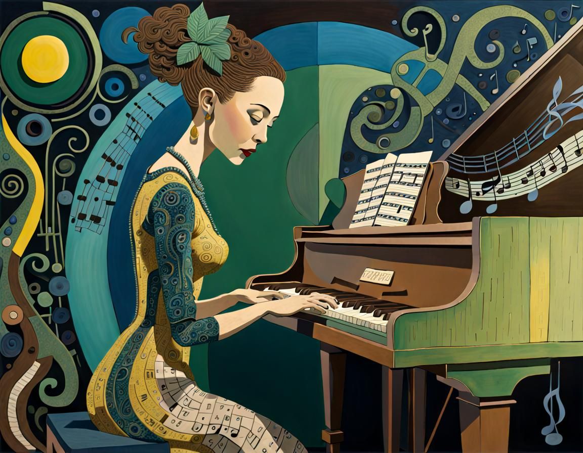 Woman at Piano in Whimsical Style