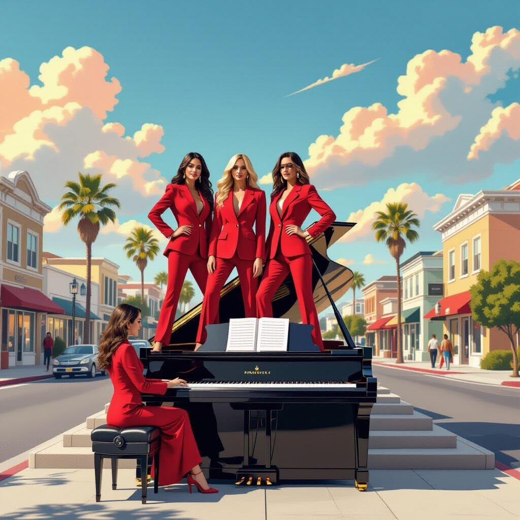 Women Pose on Piano for Music Business Ad