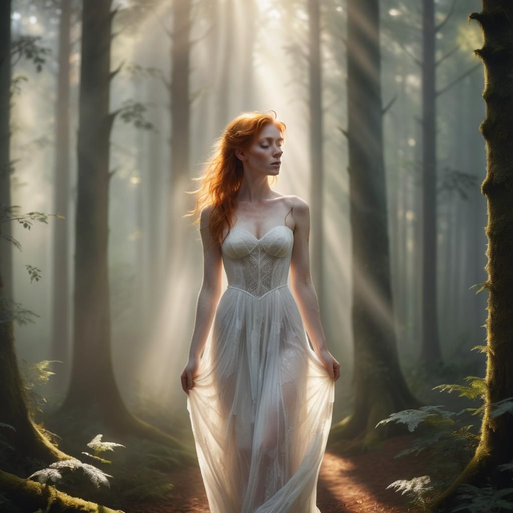 Ginger Woman in Misty Forest: Hyperrealistic Fantasy Art