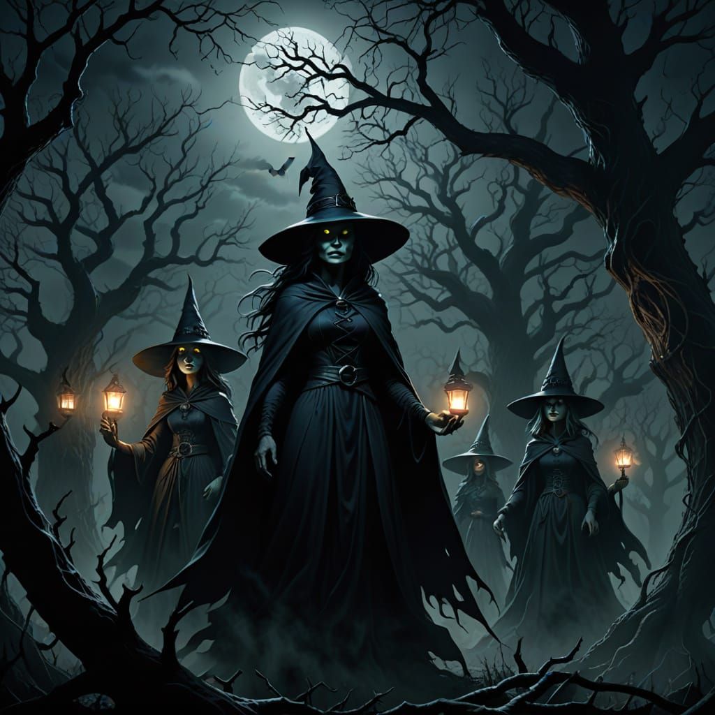 Dark Fantasy Witches Unite Under Ominous Moonlight