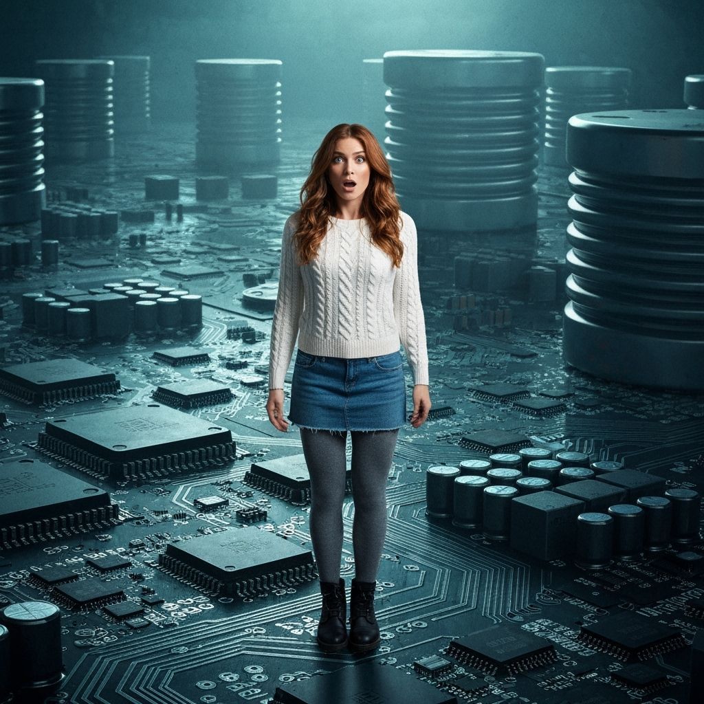 Woman on Giant Circuit Board in Film Style