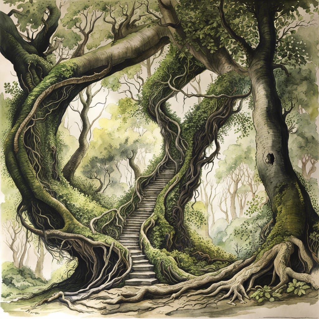 Lush Naturescape with Spiraling Trees in Watercolor Style