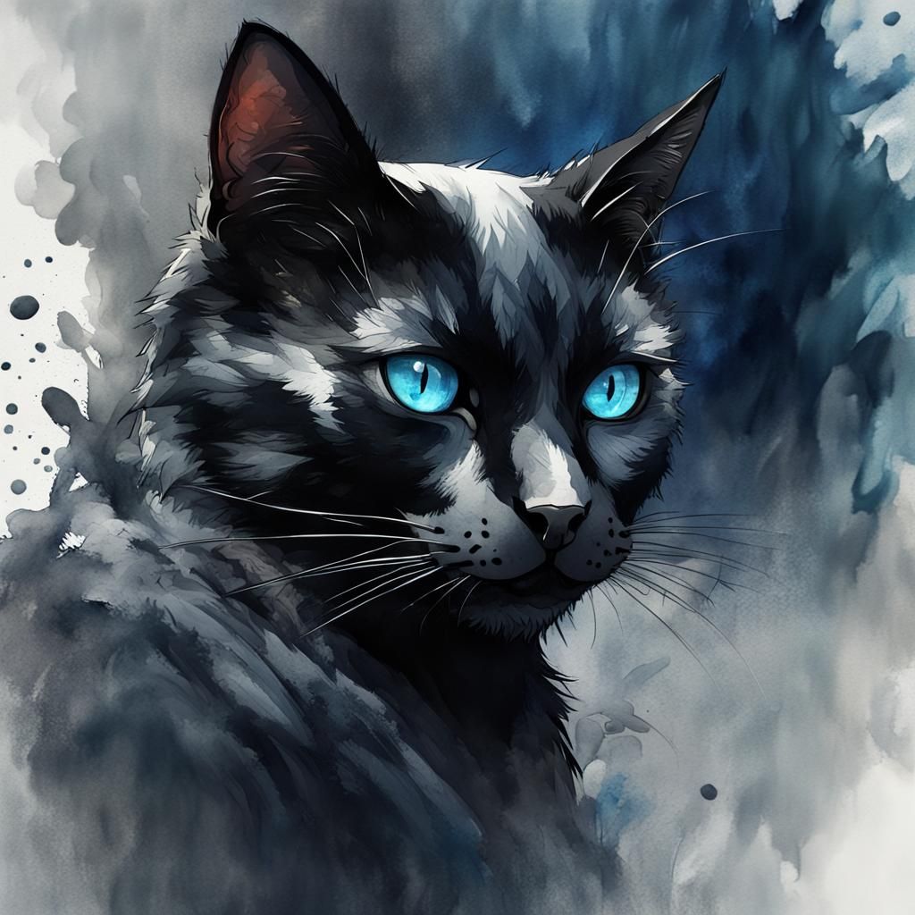 Watercolor Black Cat Portrait with Blue Eyes
