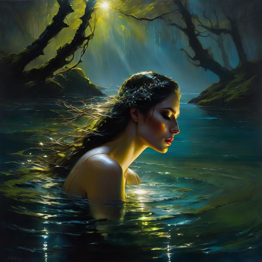 Moonlit Woman in Water: Surreal Oil Painting