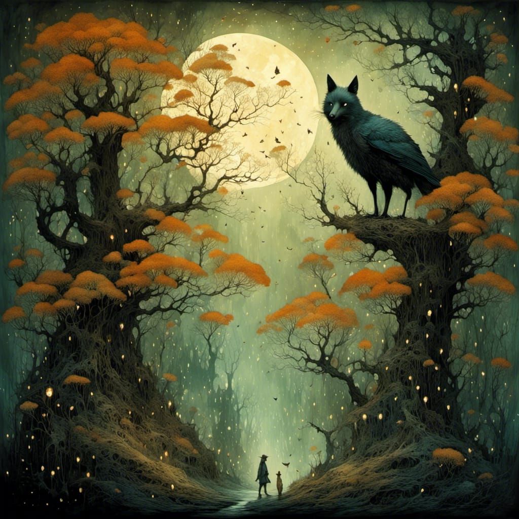 Eerie Forest Encounter in Surreal Style
