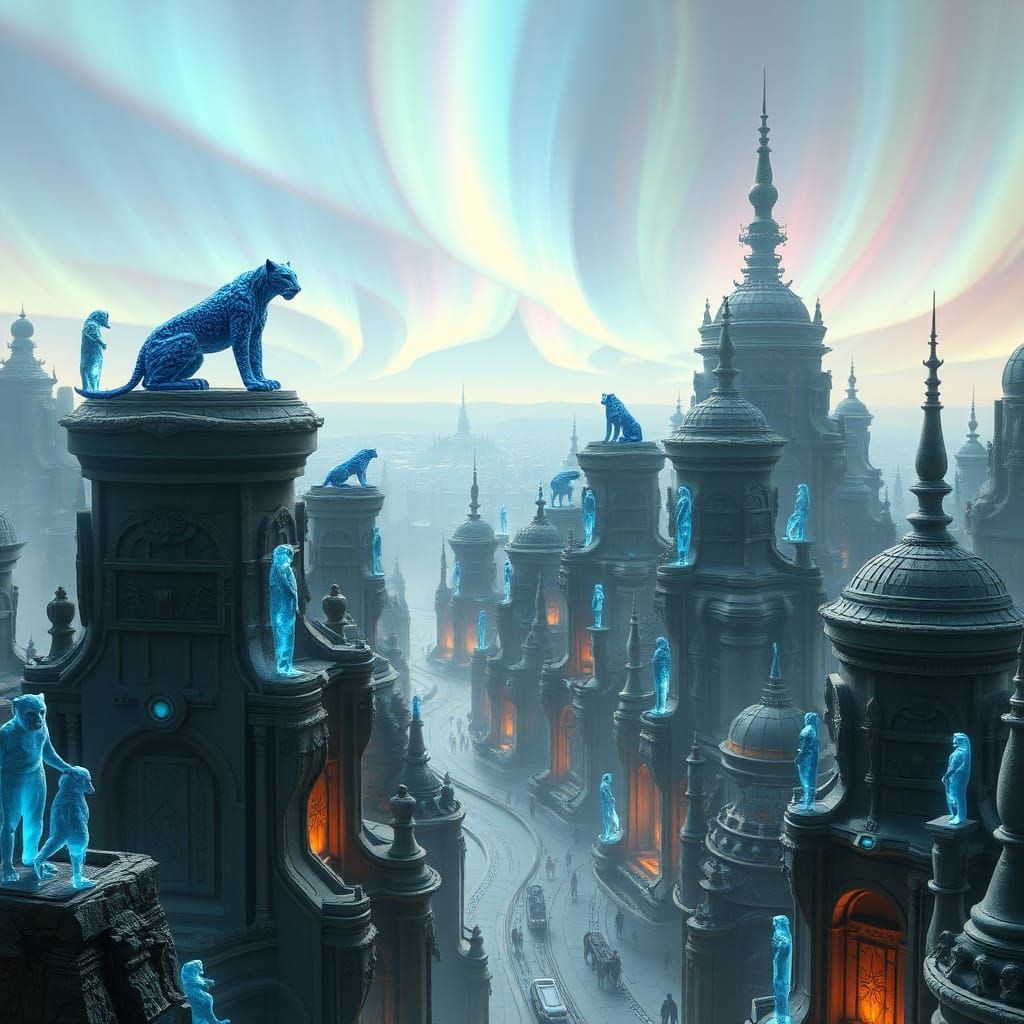 Mystical Cityscape of Blue Leopard Gods