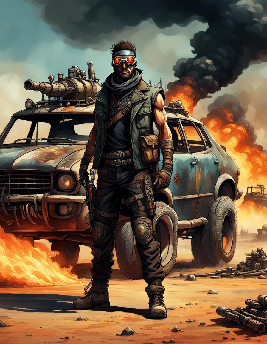 Post-Apocalyptic Immolator with Flamethrower in Mad Max Styl...