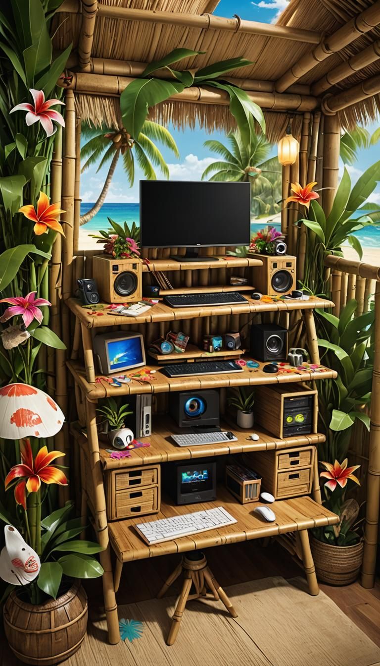 Tropical Beach Gaming Setup in Bamboo Hut