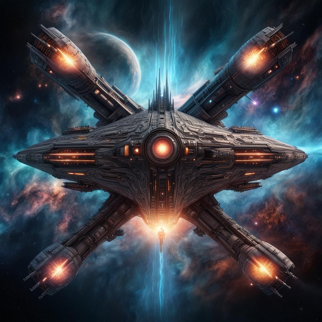 Cosmic Starship Cruiser Amidst Fantasy Nebula