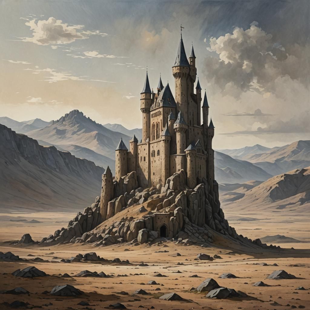 Isolated Medieval Castle Tower in Barren Landscape